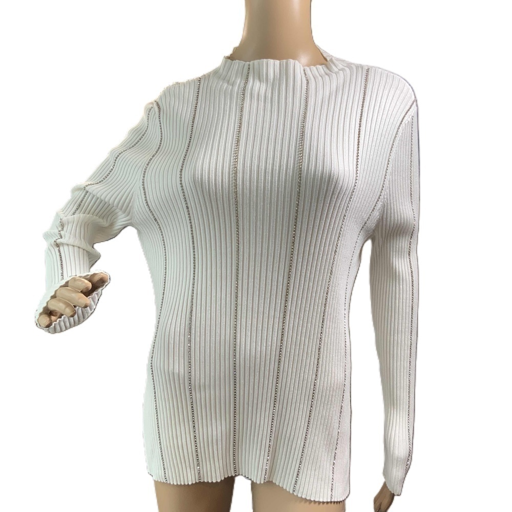 INC White Mock Neck Long Sleeve Sequined Strips Ribbed Sweater Size XL Ethereal